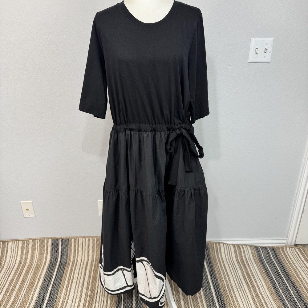 Urban By Alembika Dress Womens Large Black Cotton Tiered Midi Tie Waist Pullover